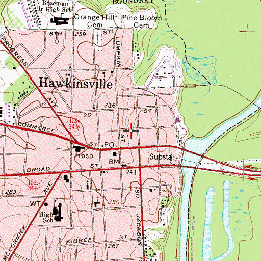 Topographic Map of Hawkinsville Police Department, GA