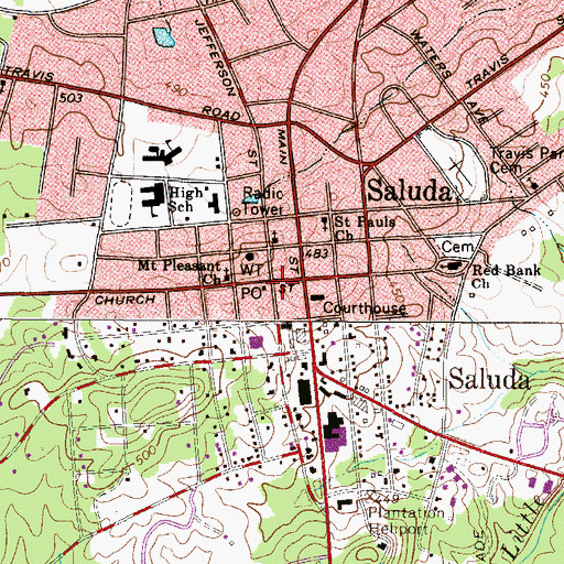 Topographic Map of Saluda Police Department, SC