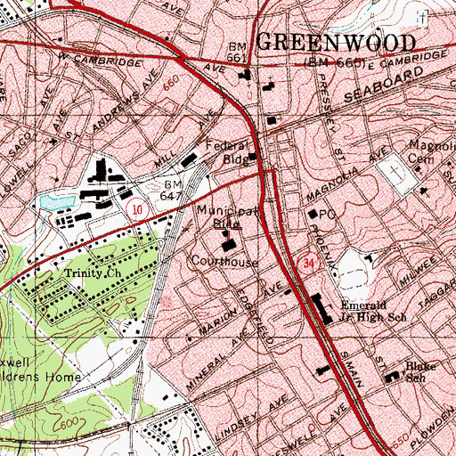 Topographic Map of Greenwood Police Department, SC