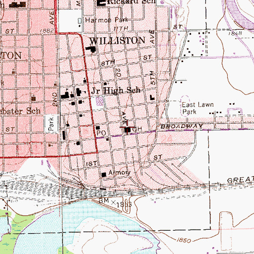 Topographic Map of Williston Police Department, ND