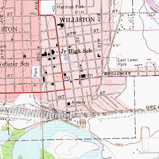Topographic Map of North Dakota Highway Patrol Northwest Region - Williston Office, ND