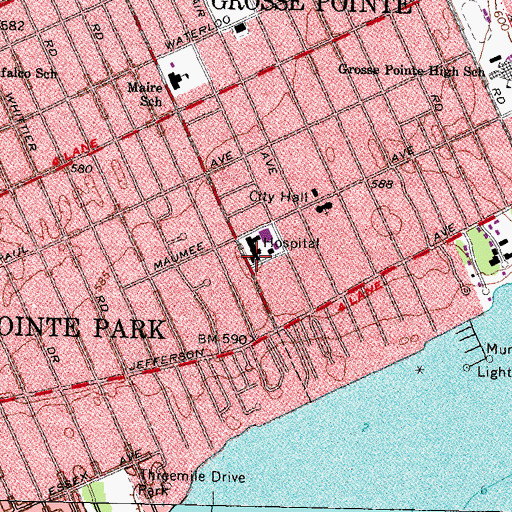 Topographic Map of William Beaumont Hospital - Grosse Pointe, MI