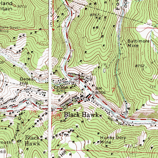 Topographic Map of Black Hawk Post Office, CO