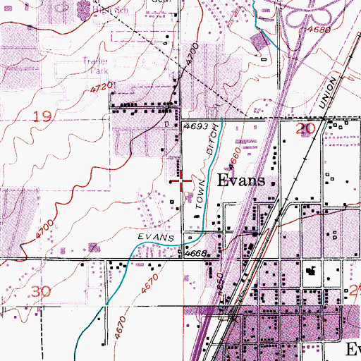Topographic Map of Evans Post Office, CO