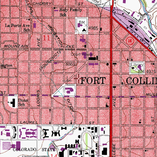 Topographic Map of Fort Collins Old Town Post Office, CO