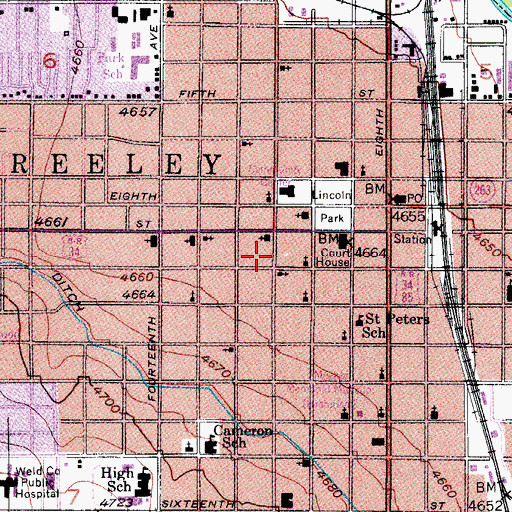Topographic Map of Downtown Greeley Post Office, CO