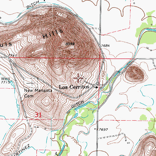 Topographic Map of Los Cerritos Cemetery, CO