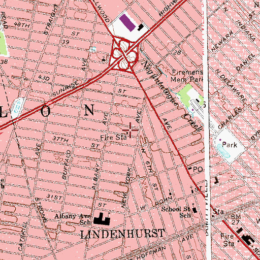Topographic Map of Lindenhurst Volunteer Fire Station, NY