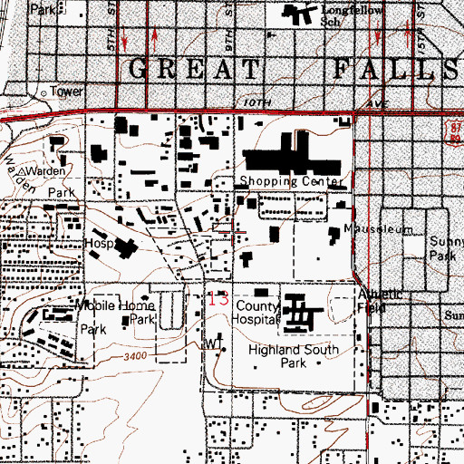 Topographic Map of Great Falls Clinic Medical Center, MT