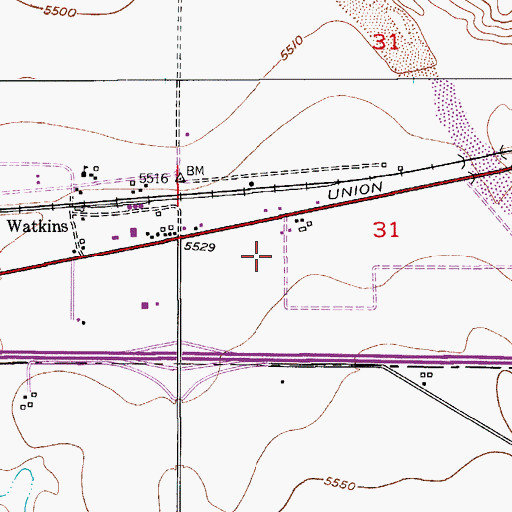 Topographic Map of Watkins Post Office, CO