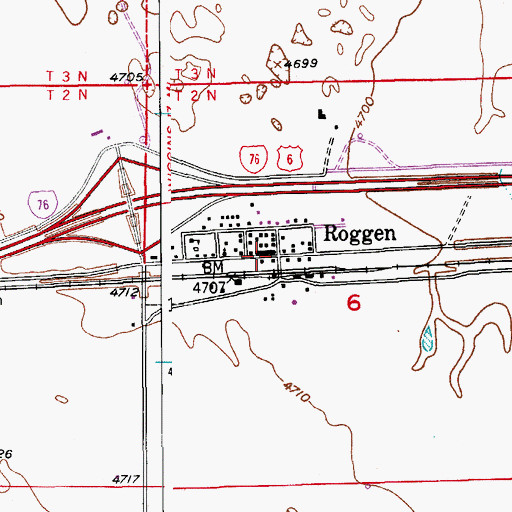 Topographic Map of Roggen Post Office, CO