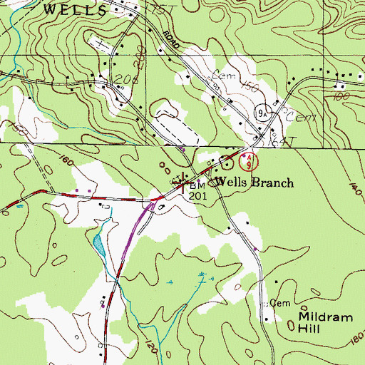 Topographic Map of Wells Branch Church Cemetery, ME