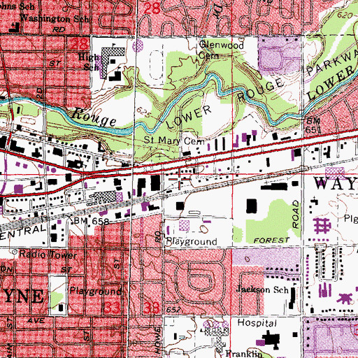 Topographic Map of Wayne Police Department, MI