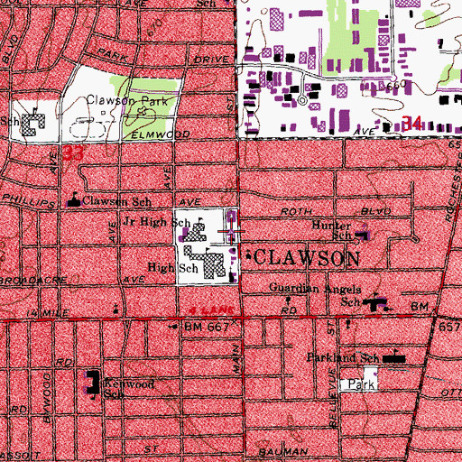 Topographic Map of Clawson Police Department, MI