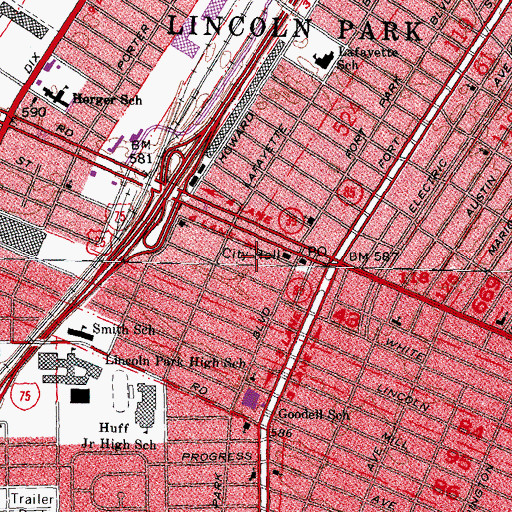 Topographic Map of Lincoln Park Police Department, MI