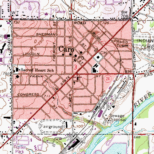 Topographic Map of Indianfields Township Police Department, MI