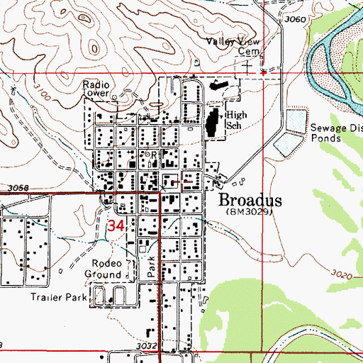 Topographic Map of Broadus Post Office, MT