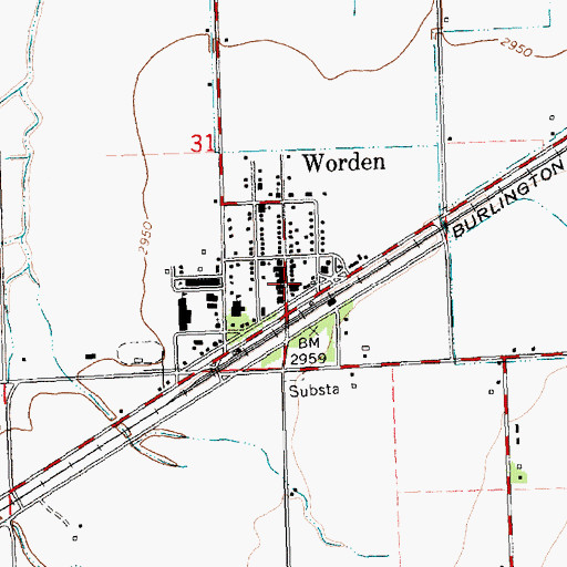 Topographic Map of Worden Post Office, MT