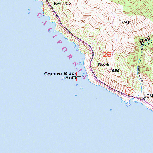 Topographic Map of Square Black Rock, CA
