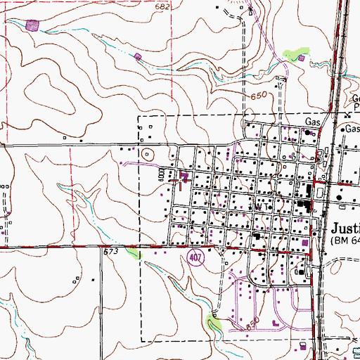 Topographic Map of Justin Police Department, TX