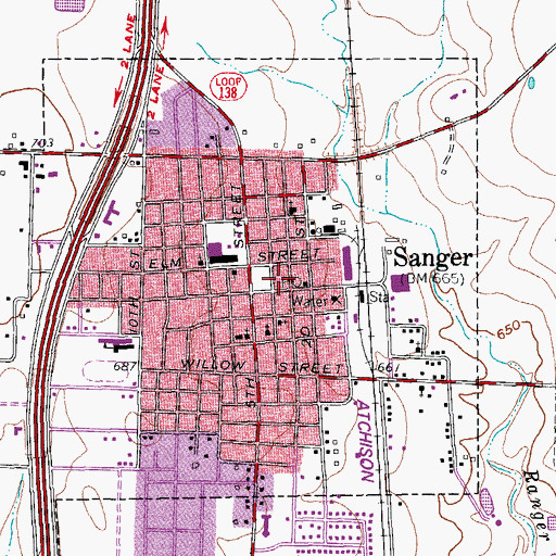 Topographic Map of Sanger Police Department, TX