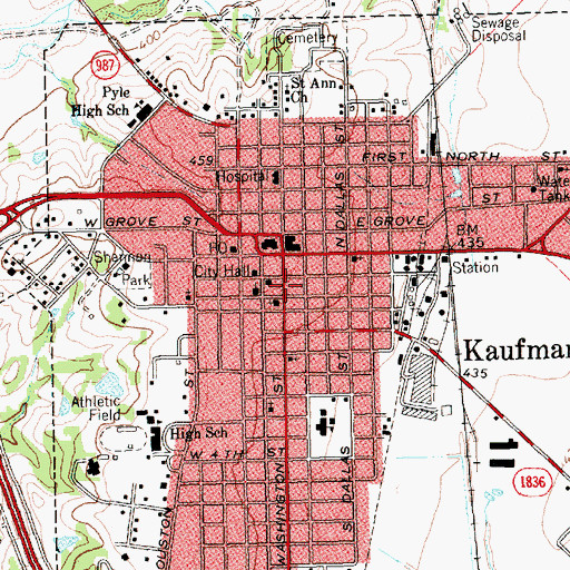 Topographic Map of Kaufman Police Department, TX