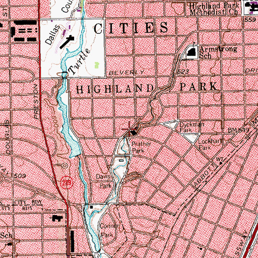 Topographic Map of Highland Park Department of Public Safety Police Department, TX