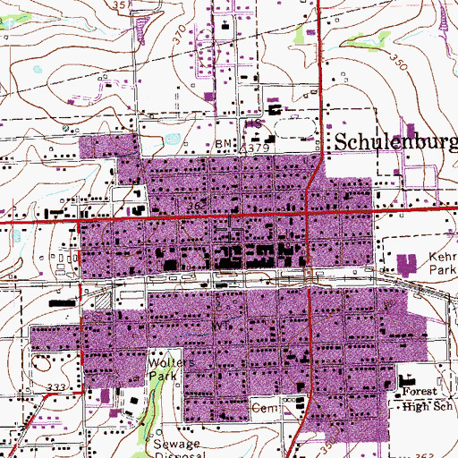 Topographic Map of Schulenburg Police Department, TX