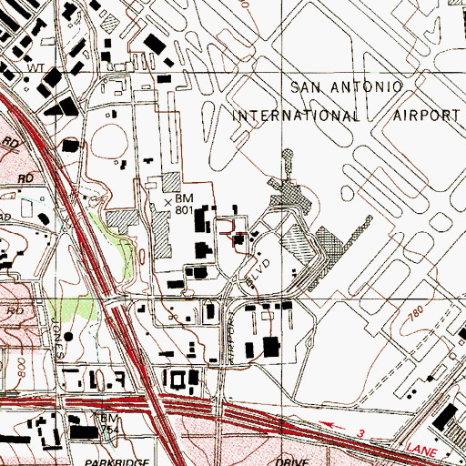 Topographic Map of San Antonio International Airport Police Department, TX