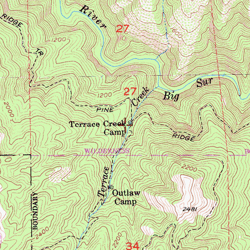 Topographic Map of Terrace Creek Camp, CA