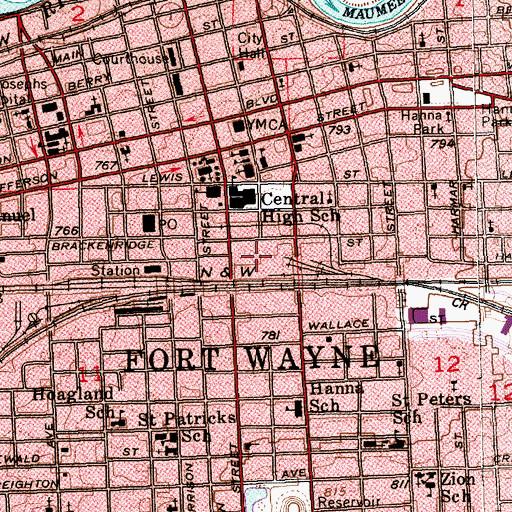 Topographic Map of Fort Wayne Post Office, IN