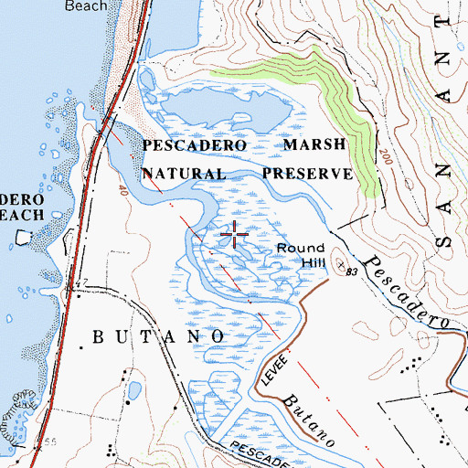Topographic Map of Pescadero Marsh Natural Preserve, CA