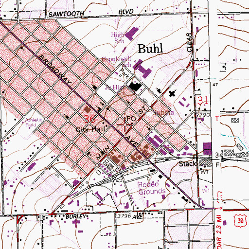 Topographic Map of Buhl Post Office, ID