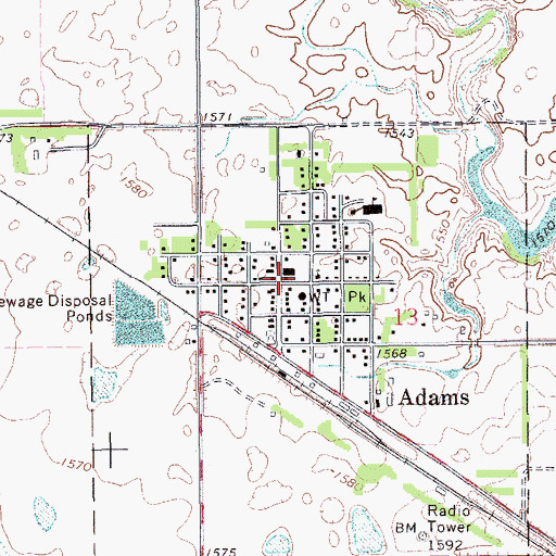 Topographic Map of Adams Post Office, ND