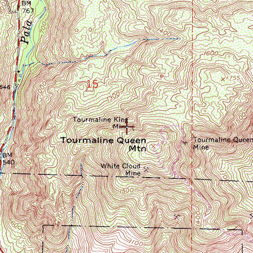 Topographic Map of Tourmaline King Mine, CA