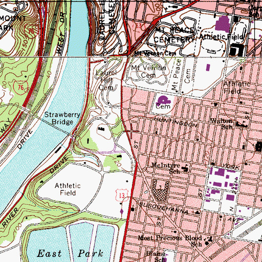 Topographic Map of Strawberry Mansion Playground, PA