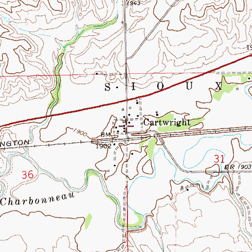Topographic Map of Cartwright Post Office, ND
