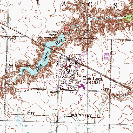 Topographic Map of Des Lacs Post Office, ND