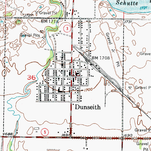 Topographic Map of Dunseith Post Office, ND