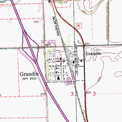 Topographic Map of Grandin Post Office, ND