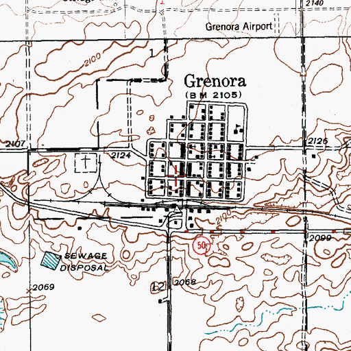 Topographic Map of Grenora Post Office, ND