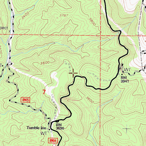 Topographic Map of Tumble Inn Campground, CA