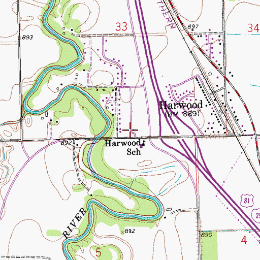 Topographic Map of Harwood Post Office, ND