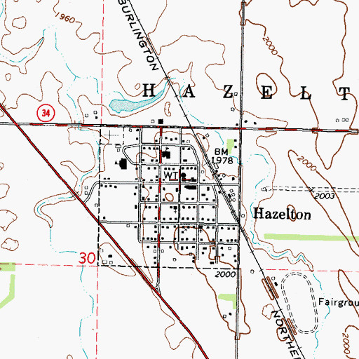 Topographic Map of Hazelton Post Office, ND