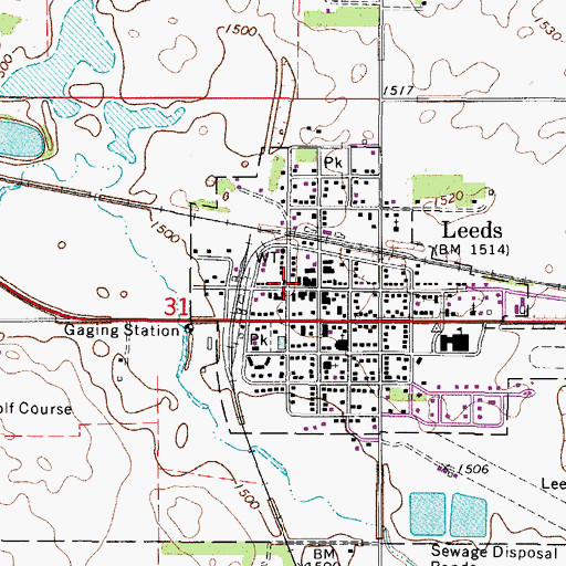 Topographic Map of Leeds Post Office, ND