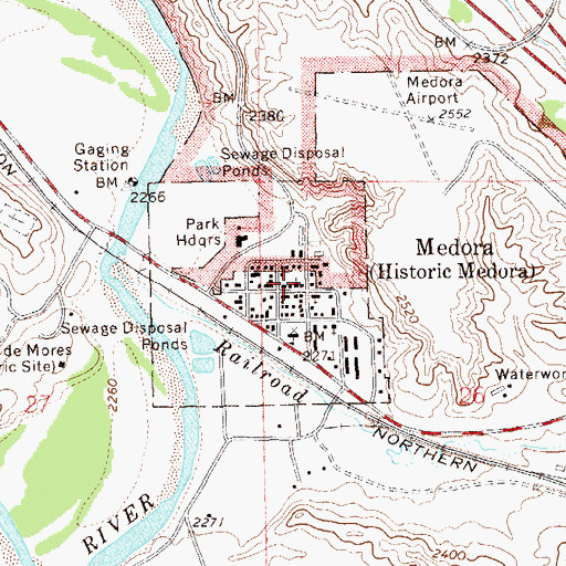 Topographic Map of Medora Post Office, ND