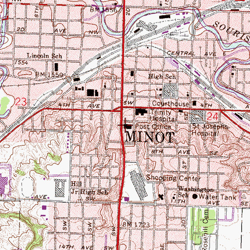 Topographic Map of Minot Post Office, ND