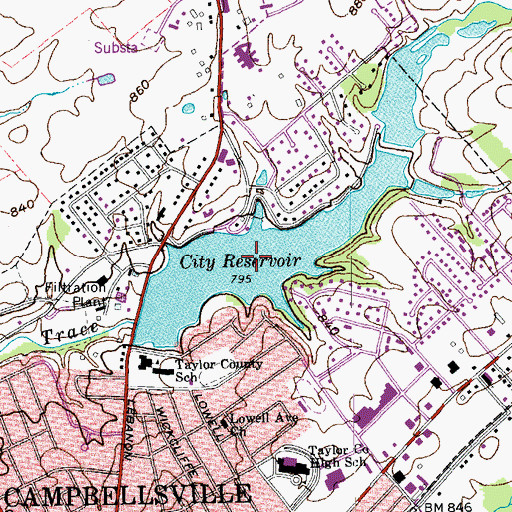 Topographic Map of Campbellsville City Reservoir, KY