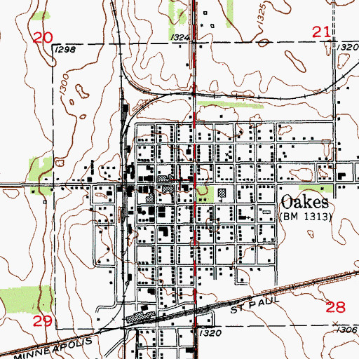 Topographic Map of Oakes Post Office, ND