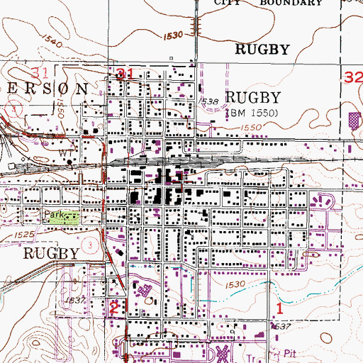Topographic Map of Rugby Post Office, ND